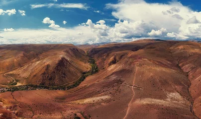 Fotobehang Aerial drone panorama of colorful eroded landform of Altai mountains with yellow, brown and red colors. Nature landscape in popular tourist location called Mars, near the border with Mongolia, Chagan © olinchuk