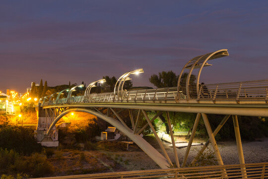 Night view of the famous Moscow Bridge in Podgorica. Montenegro