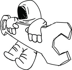 The astronaut flies, hugging with a wrench.
