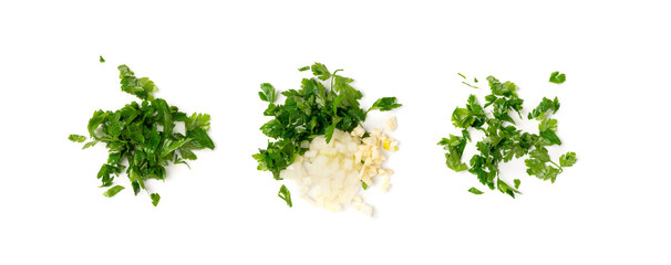Fresh Green Chopped Parsley Leaves Isolated on White Background
