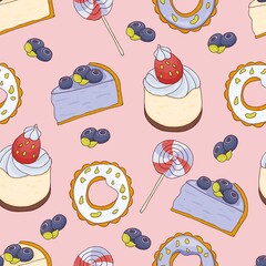 Seamless pattern with cakes, cookies, blueberries, and lollipop. Seamless candy wallpaper on a pink background.
