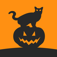 Silhouette of cat and pumpkin. Vector halloween illustration.