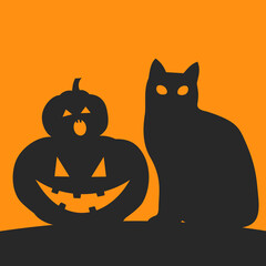 Silhouette of black cat and pumpkins on bright background. Vector halloween illustration.