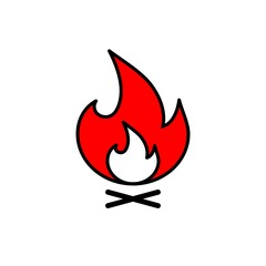 Camp fire icon. Bonfire burning on firewood sign. Red sign