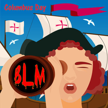 Columbus looking through a telescope. Columbus Day Concept. Vector illustration for web and print.