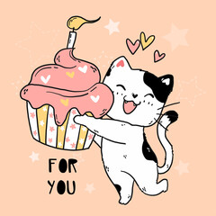 cute doodle happy smile white cat hold pink muffin with birthday candle, idea for sublimation, greeting card, cut file, printing, printable, t shirt, kid cartoon