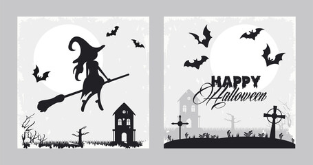 happy halloween celebration card with witch and bats flying