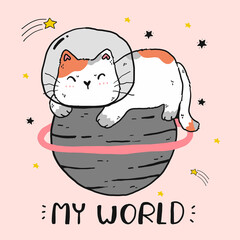 cute fat cat sit on the world, cat world, my world, funny cat clip art for sticker, sublimation, greeting card, sticker, printable digital