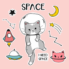 cute happy cat Astronaut in galaxy sticker set, gray cat in helmet  fly, idea for sublimation, cut file, greeting card, sticker, journal, bullet planner printable