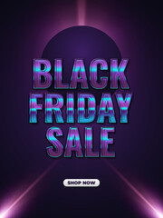 Black Friday sale promotion banner or poster with colorful text in cyberpunk style