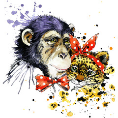 Cute monkey chimpanzee. cool watercolor illustration. african animals. exotic nature. wildlife.