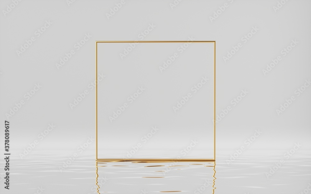 Poster 3d render, abstract modern minimal background with golden square frame and reflection in the water. 