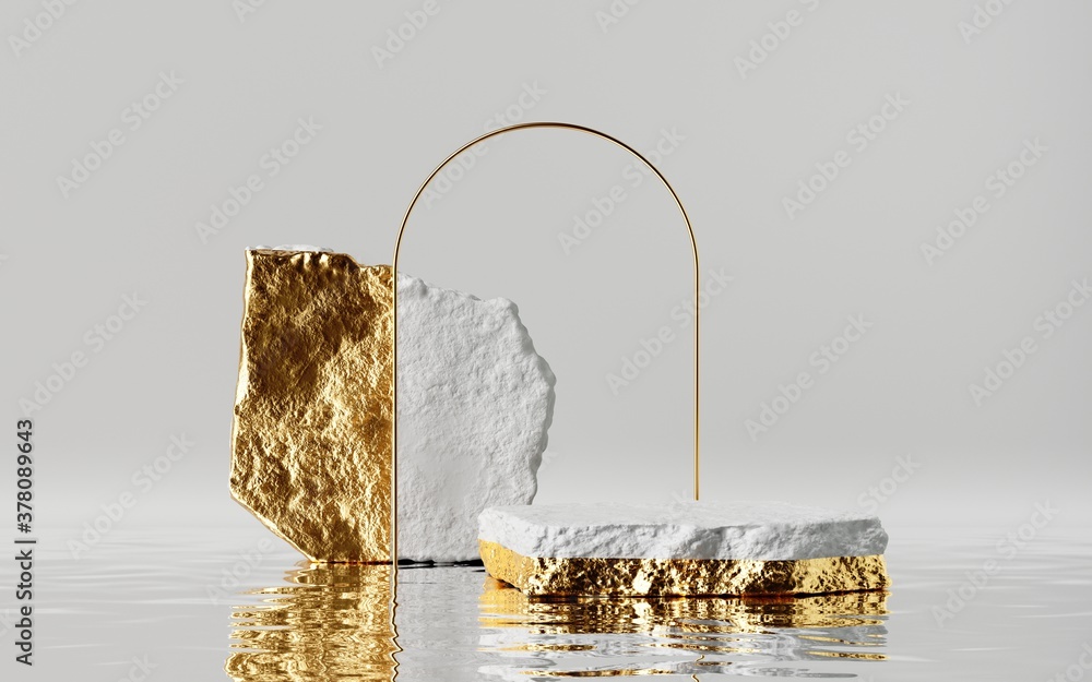 Poster 3d render, abstract trendy background with golden arch, cobbles and reflection in the water on the w
