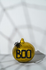 Halloween decorations. Painted golden pumpkin with word Boo and spider with spider webs shadow on gray background. Copy space, vertical orientation.