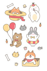 Set of Cartoon Animal Characters. Vector Illustration of Cartoon, Cat, Bears, Rabbit and Shiba Inu Dog Design on Isolated Background