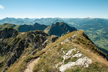 Path on mountain ridge, rock formation near Entschenkopf, alps, Bavaria, Germany, Europe