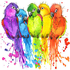 Funny parrots. watercolor illustration. tropical nature. cute birds. wildlife. african animals.  © Елена Фаенкова