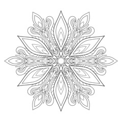 Decorative mandala with floral vintage pattern on white isolated background. For coloring book pages, postcard, invitation.