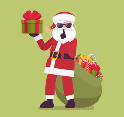 Secret Santa Claus with present box making hush, shh gesture. Anonymous Father Christmas bringing, sharing traditional new year gifts, unknown volunteer giver. Vector flat style cartoon illustration