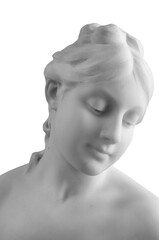 White marble sculpture head of young woman. Statue of sensual renaissance art era naked woman in circlet antique style isolated on white background