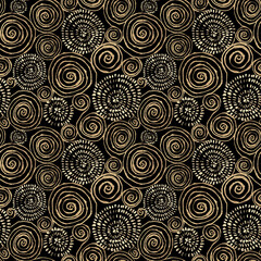 Abstraktes, nahtloses Muster mit 3D-goldenen, glitzernden Acrylfarben runden Spiralkreisen auf schwarzem Hintergrund