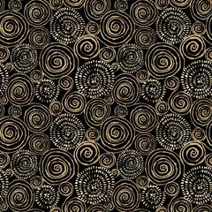 Gordijnen Abstract naadloos patroon met 3d gouden glinsterende acrylverf ronde spiraalvormige cirkels op zwarte achtergrond © Olga
