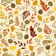 Fall Ginkgo Leaves and Olive Seamless Pattern
