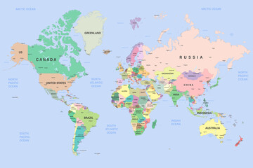 Globale politische Karte der Welt. Hochdetaillierte Karte mit Grenzen, Ländern und Städten. Jedes Land befindet sich auf einer separaten Ebene und kann bearbeitet werden. © Eugene B-sov