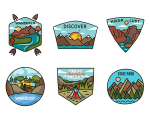 Camping adventure badges logos set, Vintage travel emblems. Hand drawn stickers designs bundle. Discover, hiker lust, scouts labels. Outdoor camper insignias. Logotypes collection. Stock vector.