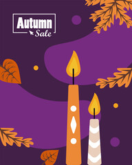 autumn sale season poster with candles and leafs