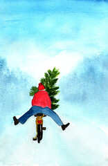 Christmas illustration,bicycle and tree.A man on a bicycle carries a Christmas tree.
