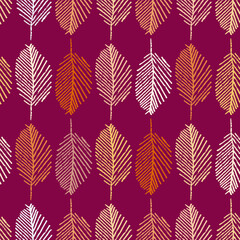 Mono print style leaves seamless vector pattern background. Vertical columns of painterly scribble effect foliage on dark pink backdrop. Geometric at home hand crafted feel. Repeat for summer concept