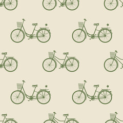Seamless pattern with silhouettes of bicycles. Digital paper with different types of bikes. Beige and green background. Vector illustration for fabric, prints, t-shirts