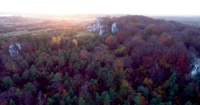 Aerial drone shot of limestone rock during autumn 