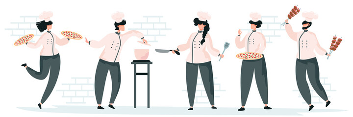 Vector set of working chefs. People with food. Barbecue, pizza. Kitchen workers on a white background.