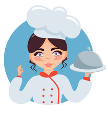 Little girl chef is holding a dish. Logo for children's cooking courses.
