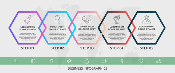 Vector infographic line hexagons for five icons, diagram, graph, presentation. Business concept with 5 steps. For content, flowchart, workflow, banner, marketing, banner, levels, web, chart