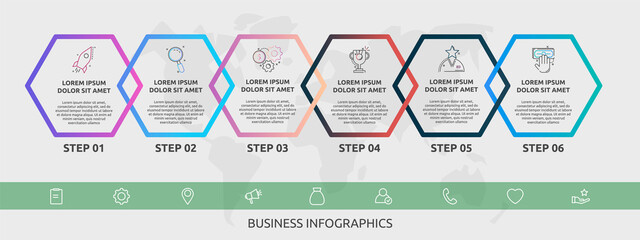 Vector infographic line hexagons for six icons, diagram, graph, presentation. Business concept with 6 steps. For content, flowchart, timeline, workflow, banner, workflow, marketing, web, chart