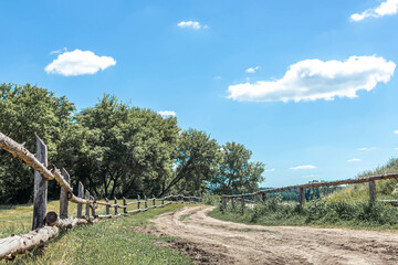 Fototapeta na wymiar Summer countryside landscape. Old wooden fence and country road.