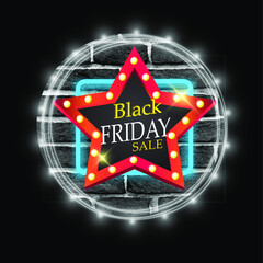 Vector Concept Black Friday Sale. Vintage sign star neon lights and incandescent bulbs on the black brick wall