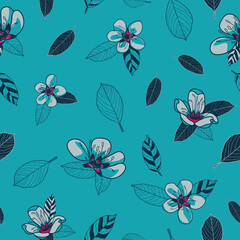 Vector grey cherry flowers blue seamless pattern