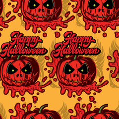 Festive background with a scary pumpkin and an inscription. Colored seamless backdrop