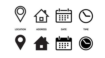 Location, Address, date, time, contact, Calendar, home. set icons vector line illustration