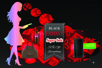 Vector concept Black Friday. Sale Girl with electronic tablet and think bubble including Black Friday Banner and sales items: phone, bag, mascara.