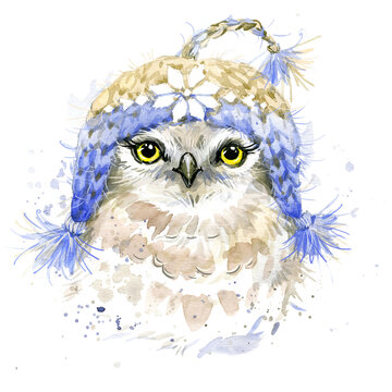 Cute owl watercolor illustration. Fashion design. Christmas illustration. Forest animals. Wild nature. 