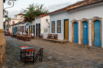 Tourists in bars street of colonial historical brazilian town