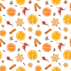 Watercolor seamless pattern with Christmas gingerbread cookies, orange, rose hip, star anise and cinnamon
