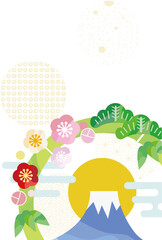 松・梅・竹の花輪と富士山の年賀状イラスト