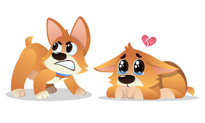 Cute Cartoon Puppy with Big Ears Expressing Different Mood and Emotion Vector Set