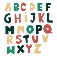 Stylish cartoon alphabet on an isolated white background. For design text, teaching children, poster, cards. Colorful latin alphabet. English letters. Stock raster illustration.